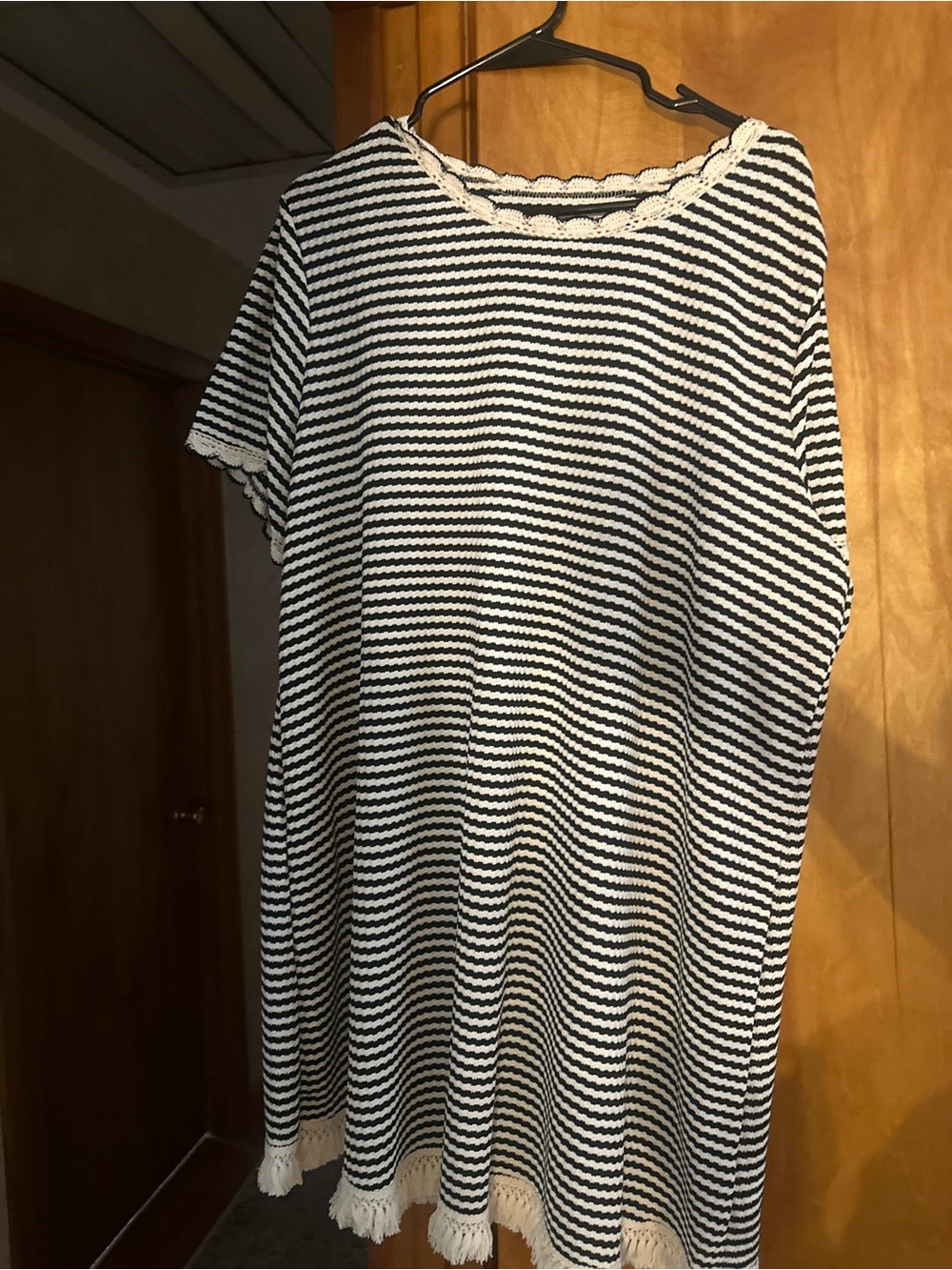 SHEIN Black & White Striped Midi Dress with Crochet Trim